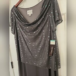 NWT Karin Stevens Charcoal Gray Sparkle Flutter Sleeve Cowl Neck Party Dress